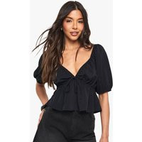 boohoo Women's Woven Puff Sleeve Smock Top in Black | Size: XS | Boohoo.com (UK & IE)