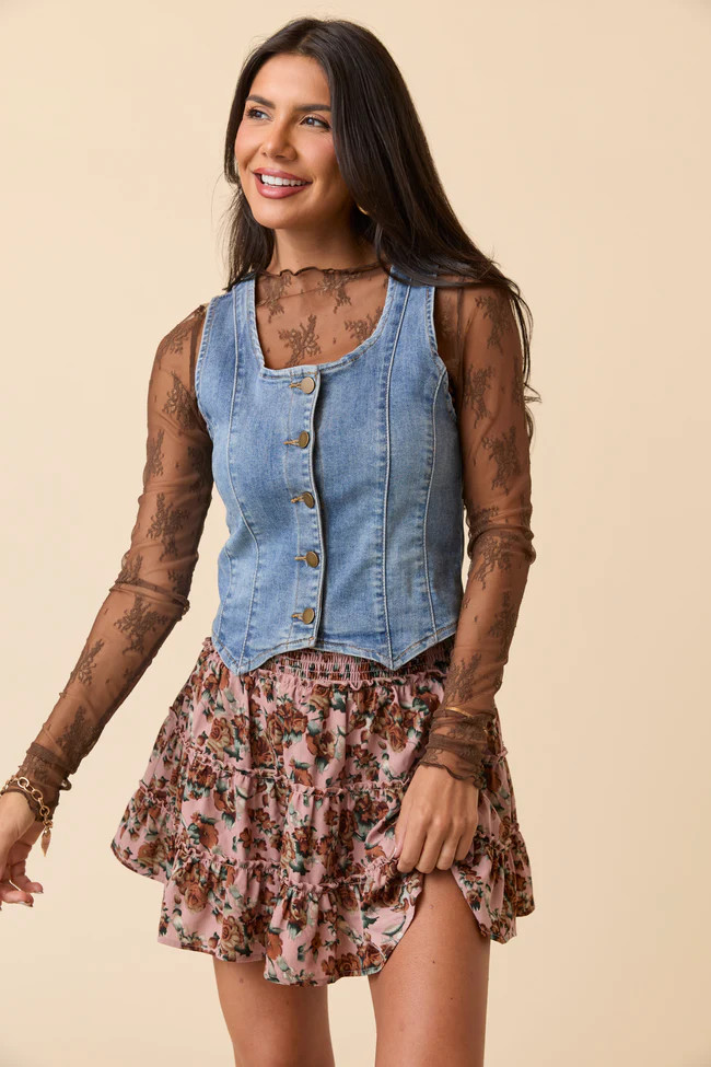 Soraya Brown Mock Neck Lace Layering Blouse | Pink Lily