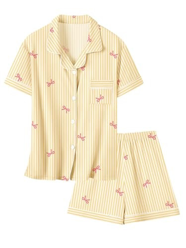 Umeyda Girls Pajamas Set, 2Pj Nightwear Button-Down Sleepwear for Kid 2 Piece Lounge Sets, Bowknot Striped Yellow, 5-6 Years | Amazon (US)
