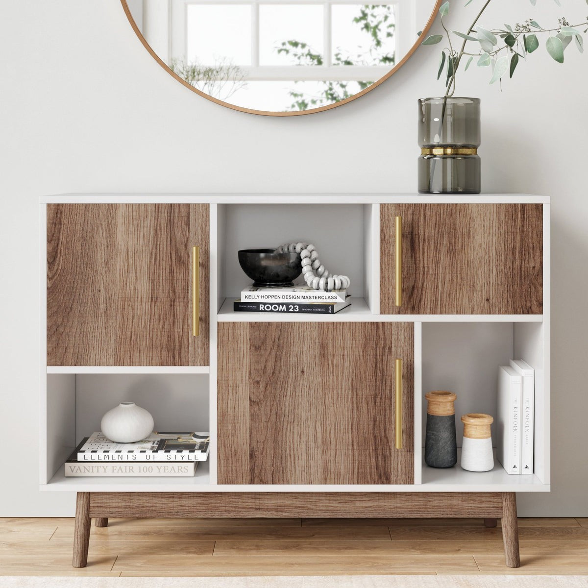 Ellipse Sideboard Cabinet | 3-Cabinet | White/Wood Finish | Nathan James