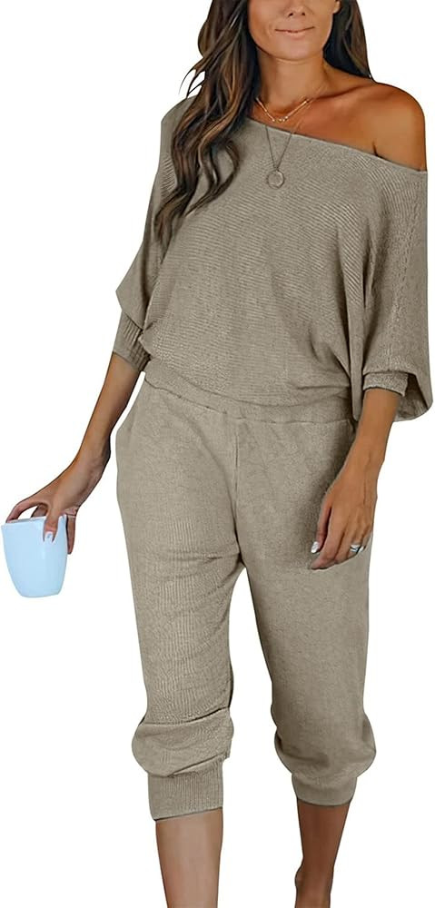 PRETTYGARDEN Women's 2 Piece Ribbed Tracksuit Outfits Off Shoulder Long Sleeve Pullover Long Pant... | Amazon (US)