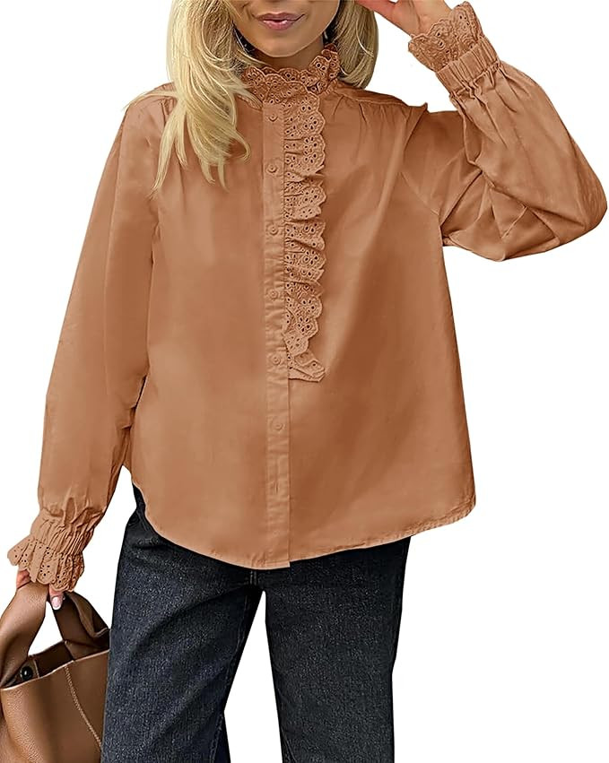 Cicy Bell Womens Lace Trim Button Down Shirts Cotton Ruffle Long Sleeve Dressy Casual Blouse Fall... | Amazon (US)