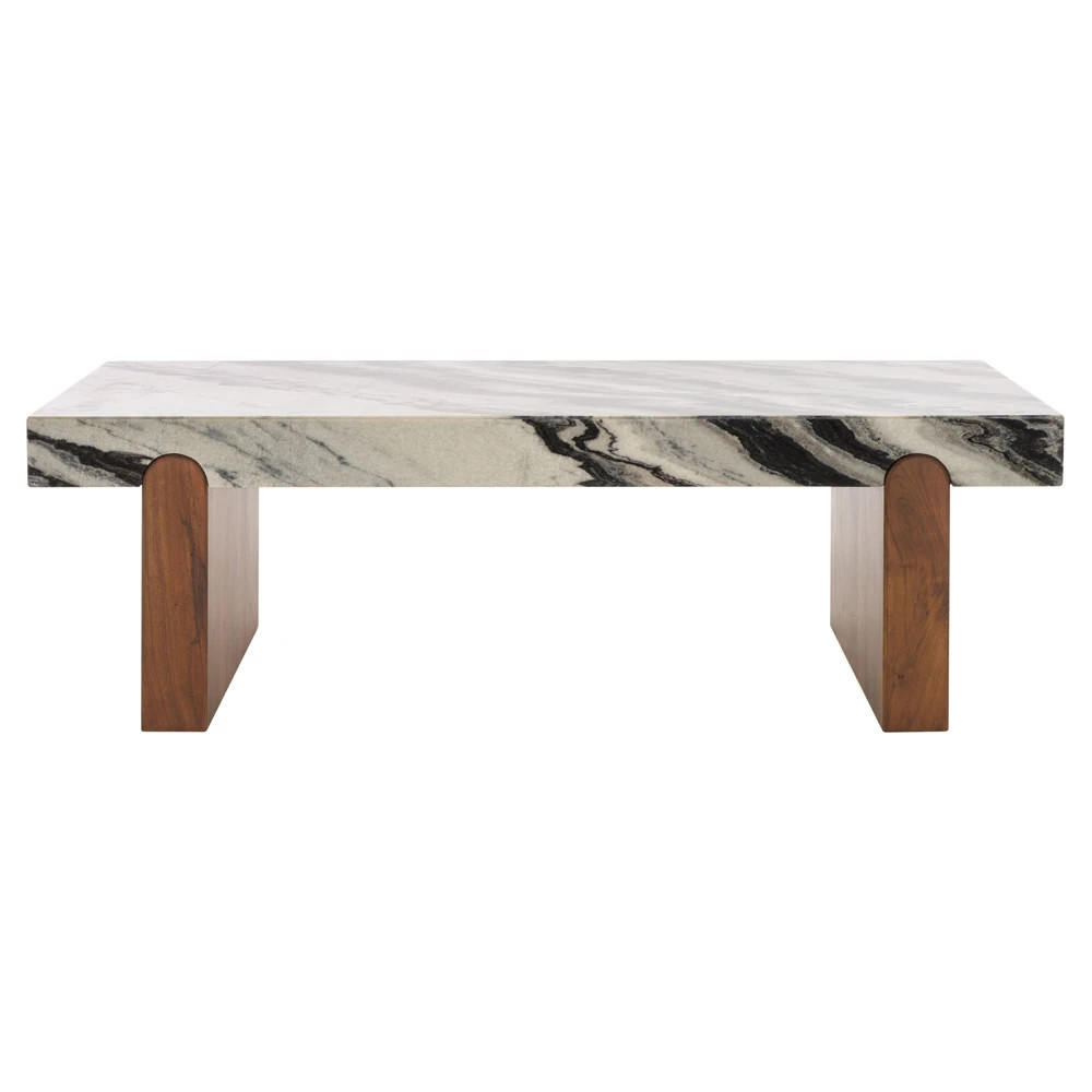 Brianne Modern Classic Marble Brown Acacia Rectangular Coffee Table | Kathy Kuo Home