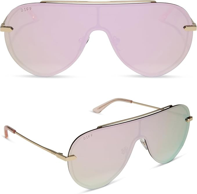 DIFF Imani Designer Oversized Shield Sunglasses for Women UV400 Protection, Gold + Cherry Blossom... | Amazon (US)