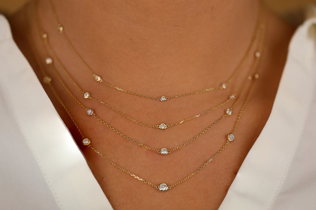 14k Diamond Layering Necklace, Diamond by the Yard Necklace, Diamond Bezel, Diamond Choker, Daint... | Etsy (US)