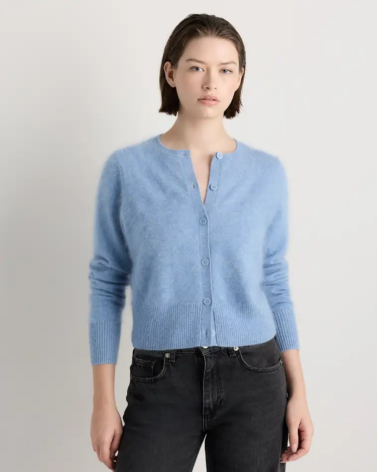 Faded Denim Brushed Cashmere Cropped Crewneck Cardigan | Quince