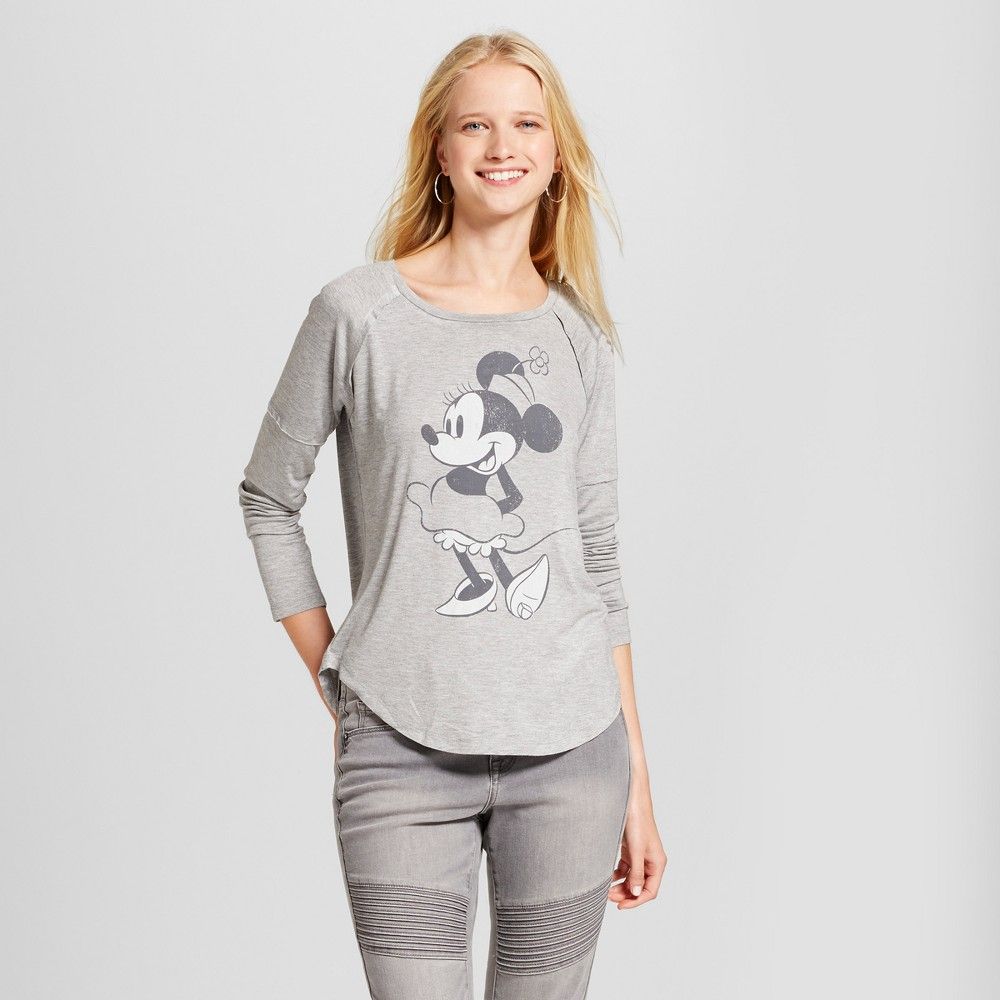 Women's Disney Minnie Mouse Long Sleeve Drapey Graphic T-Shirt (Juniors') - Gray S | Target