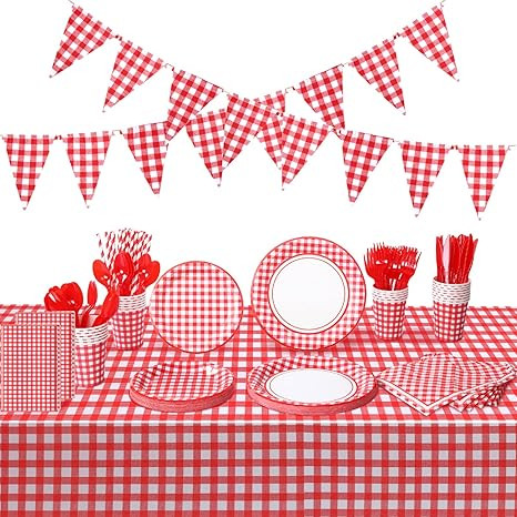 205 Pcs Party Supplies for 25 Guest Checkered Plaid Tablecloth Pennant Banner Plate Cup Napkin Cu... | Amazon (US)