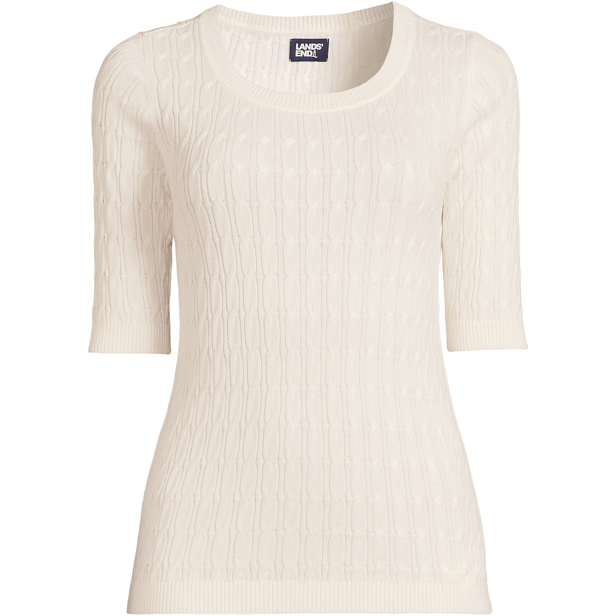Women's Cotton Modal Half Sleeve Scoop Cable Pullover Sweater | Lands' End (US)