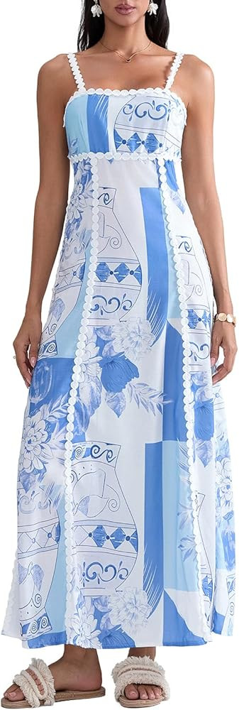 Women Summer Sleeveless Backless Long Dress Casual Vintage Floral Print Tie Back A-Line Party Dre... | Amazon (US)