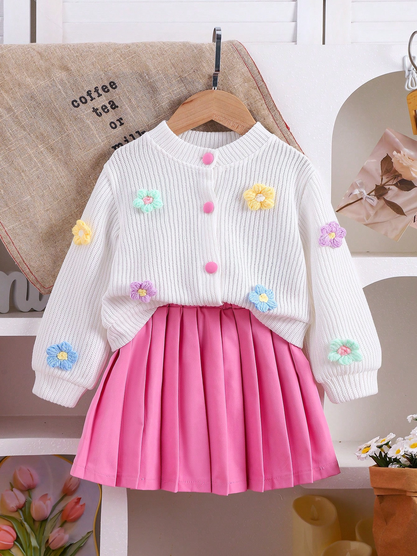 2pcs Young Girl Casual Cardigan Knit Top Jacket With Floral Print Design And Skirt Set, Autumn Ou... | SHEIN