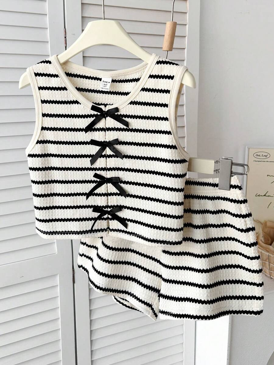 Tween Girls' Brown & White Striped Knit Textured Sleeveless Crop Top And Loose Shorts 2-Piece Vac... | SHEIN