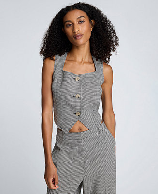 Women's Houndstooth Cropped Fitted Bodice Vest | Macy's