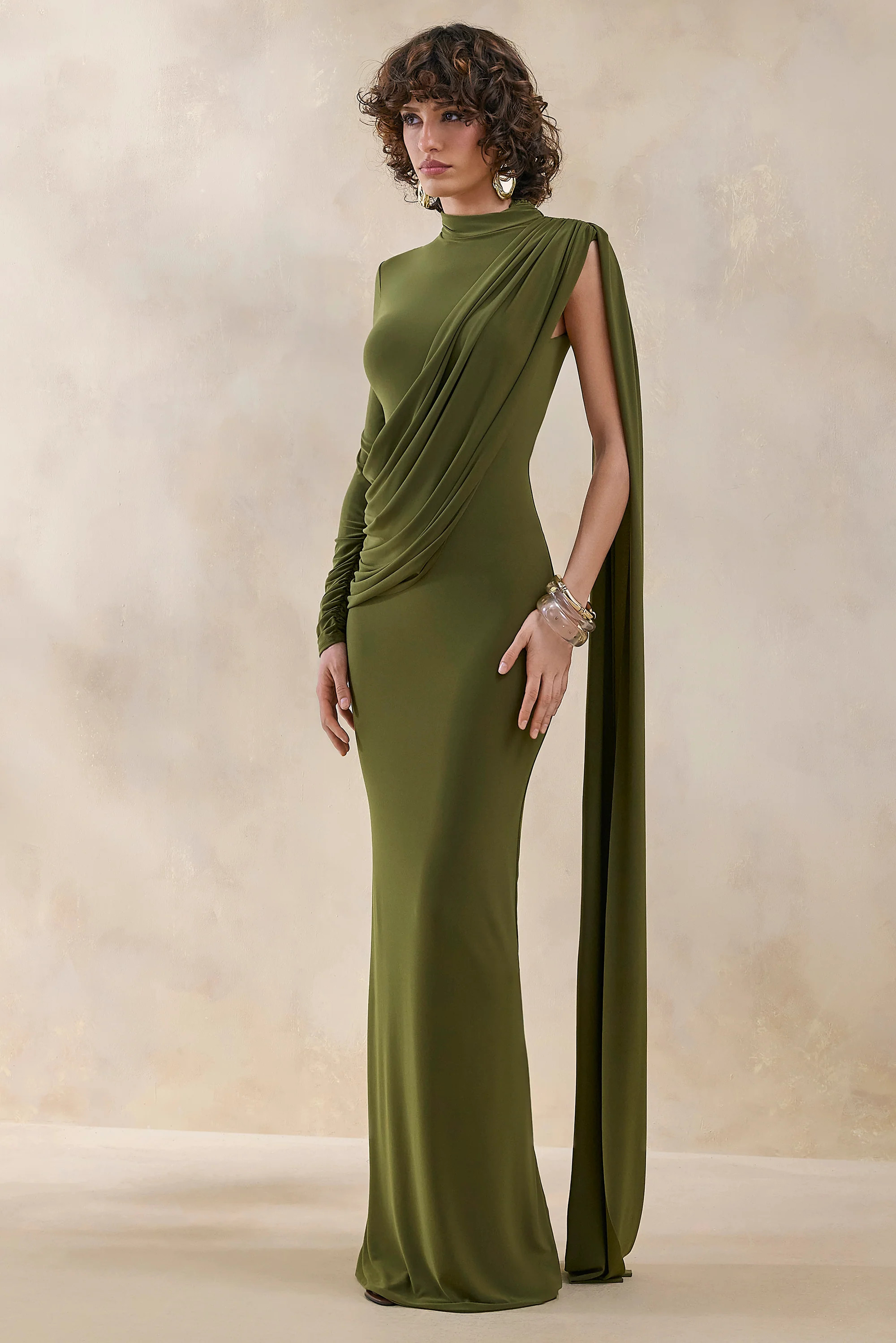 Oliria | Olive High-Neck Maxi Dress With One-Long Sleeve And Sash-Detail | Club L London