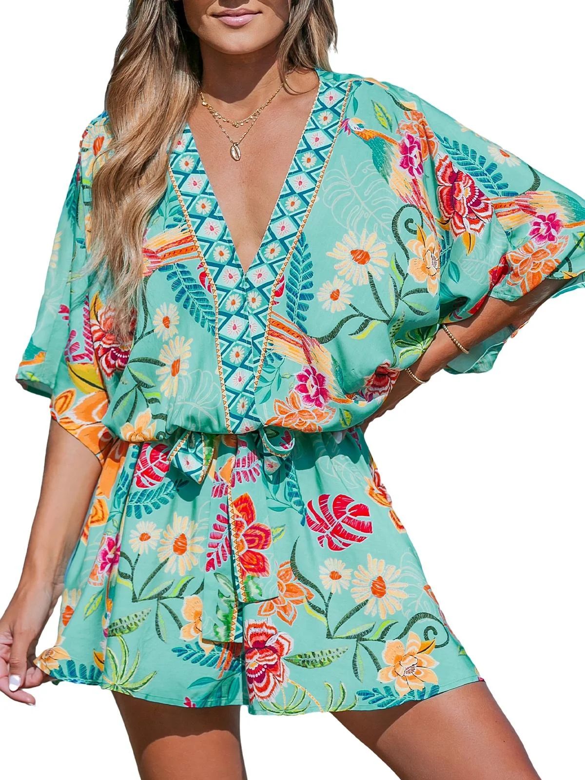 CUPSHE Women's Mini Dress V Neck Floral Half Dolman Sleeeve Belted Loose Fit Short Summer Beach D... | Walmart (US)