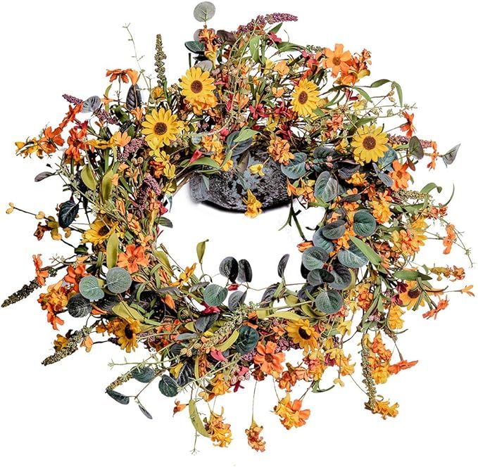 Fall Floral Wreath,24”Artificial Autumn Wreath Daisy and Lavender Wreath for Front Door Home Fa... | Amazon (US)