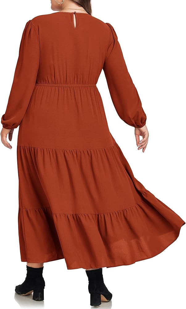 Hanna Nikole Women Plus Size Fall Dresses Long Sleeve V Neck Dress Maxi Casual Flowy Tiered 2025 ... | Amazon (US)