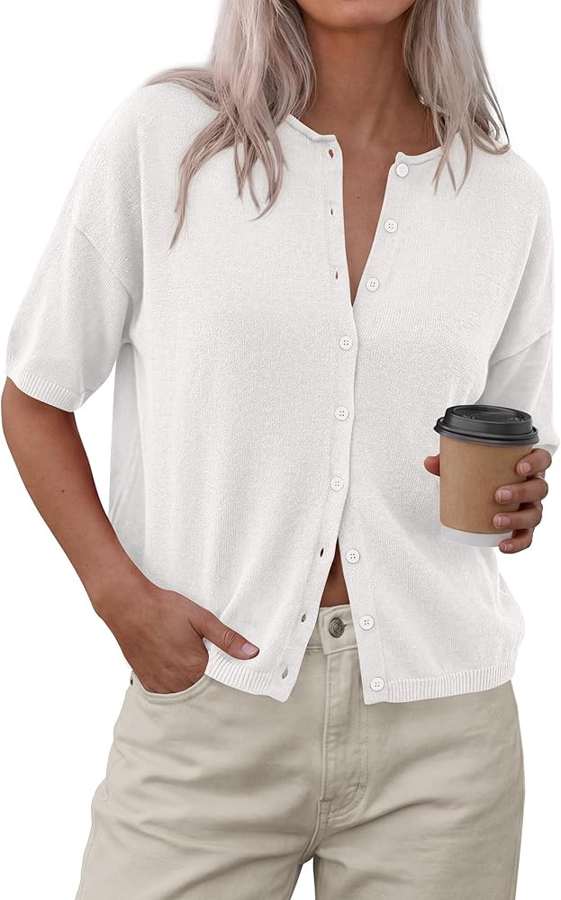 PRETTYGARDEN Women Spring Short Sleeve Cardigan Sweaters Button Down Knit Shirt Blouse Dressy Cas... | Amazon (US)
