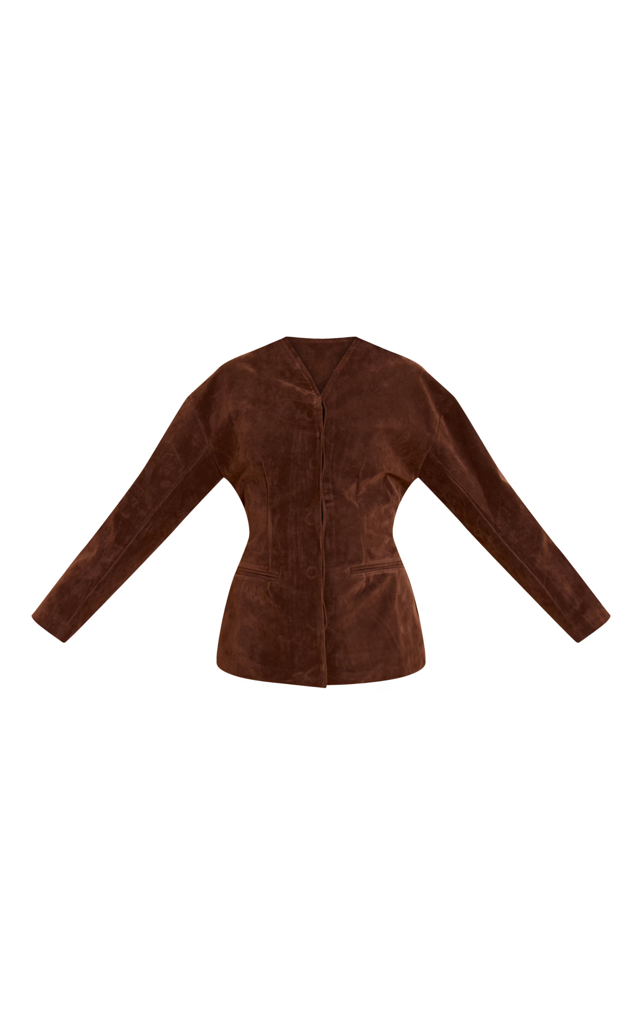 Dark Brown Suede Collarless Cocoon Sleeve Blazer | PrettyLittleThing UK