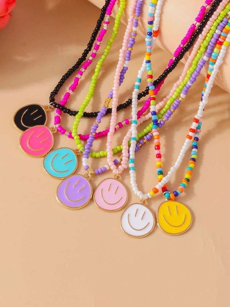 7pcs Bohemian Style Beaded Smile Face Necklaces For Women, Beach Jewelry | SHEIN