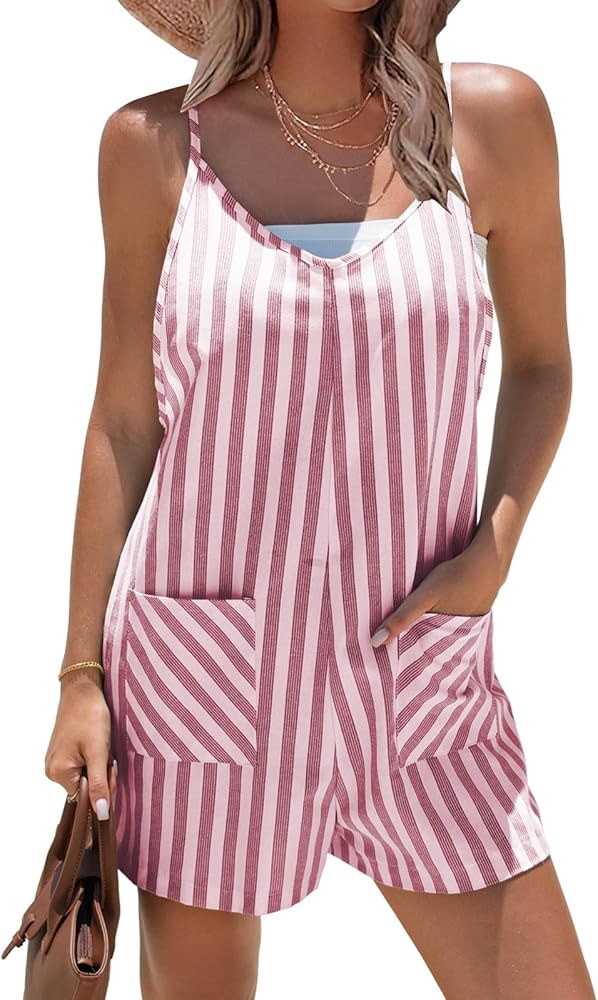 EXLURA Womens Summer Casual Sleeveless Romper Dress Loose Cotton Striped Shorts Overalls Jumpsuit... | Amazon (US)