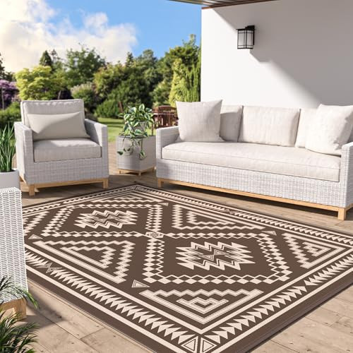 GENIMO Outdoor Rug for Patio Clearance - 9x12 ft Waterproof Plastic Camping Rugs, Reversible Outside Rv Mat Carpet for Porch, Deck, Picnic, Balcony, Beach, Backyard, Coffee Beige | Amazon (US)
