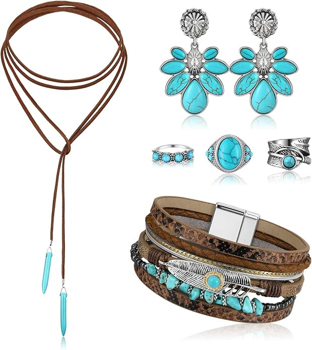 Ecally Bohemian Western Jewelry Turquoise Set Women Bohemian Pendant Long Choker Layered Bracelet... | Amazon (US)