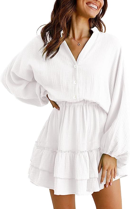 ARTFREE Women's Long Lantern Sleeves Mini Dress V Neck Button Down Ruffle Tiered Swing Summer Cas... | Amazon (US)