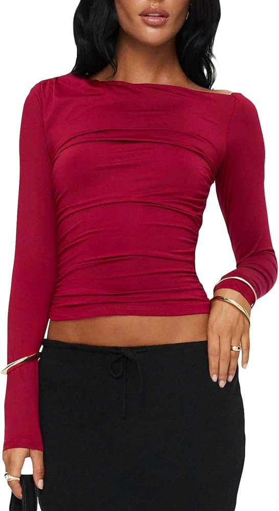 Women Solid Slim Tops Fashion Long Sleeve Crop Top for Teen Girls Basic Tight Crop Shirt 2024 Dou... | Amazon (US)