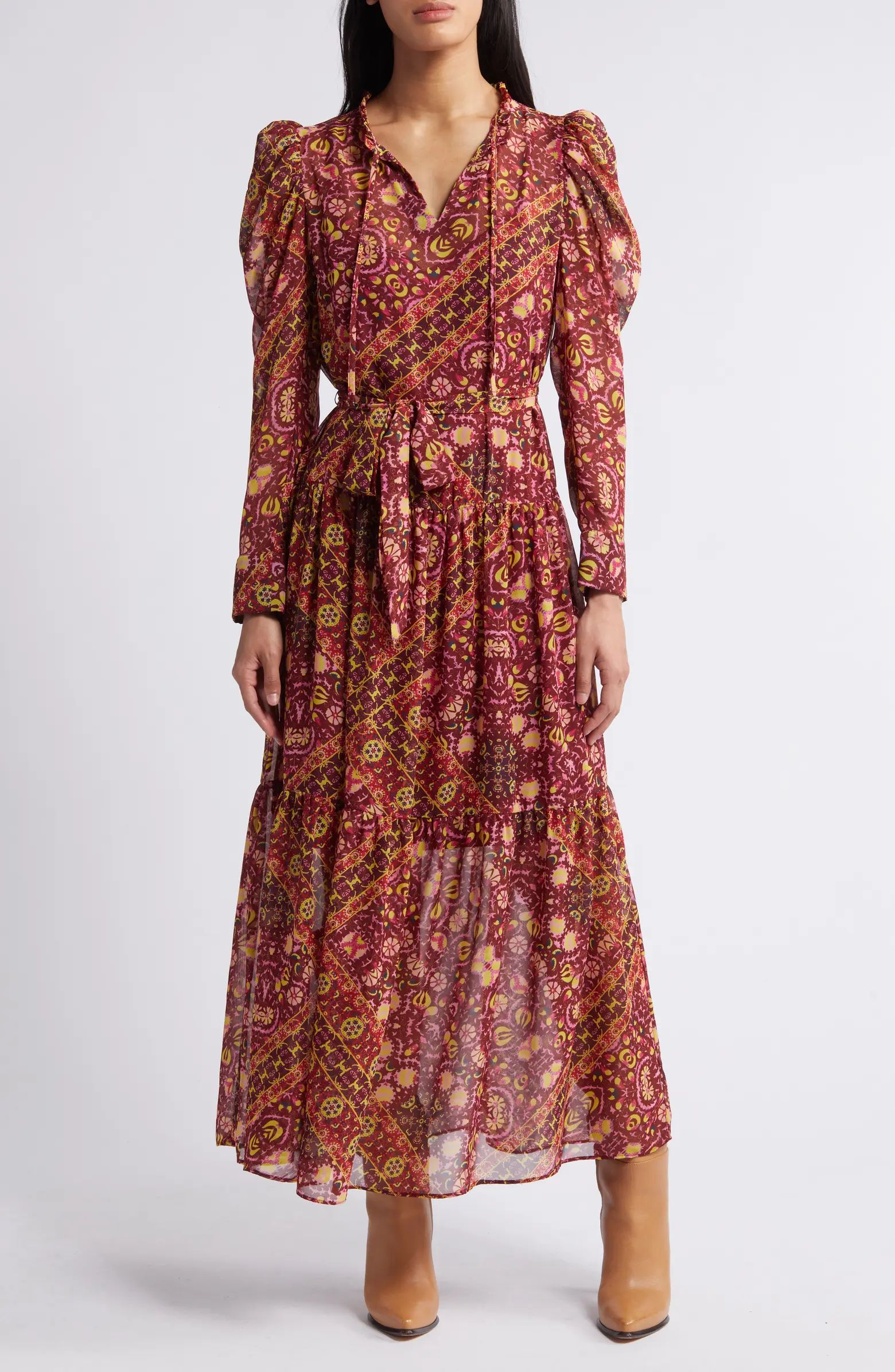 Print Long Sleeve Chiffon Tiered Dress | Nordstrom
