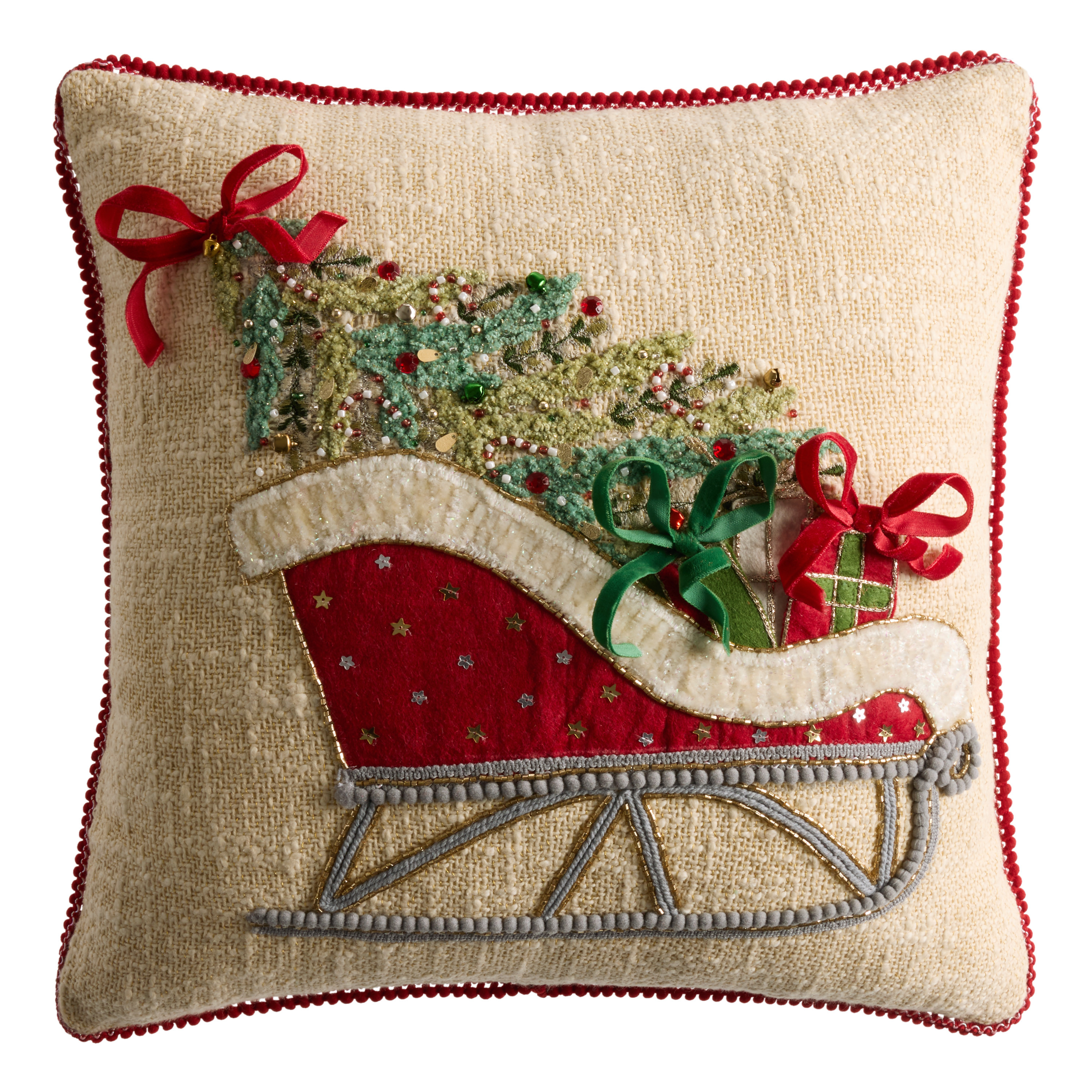 Ivory and Red Embroidered Tree and Sleigh Throw Pillow | World Market
