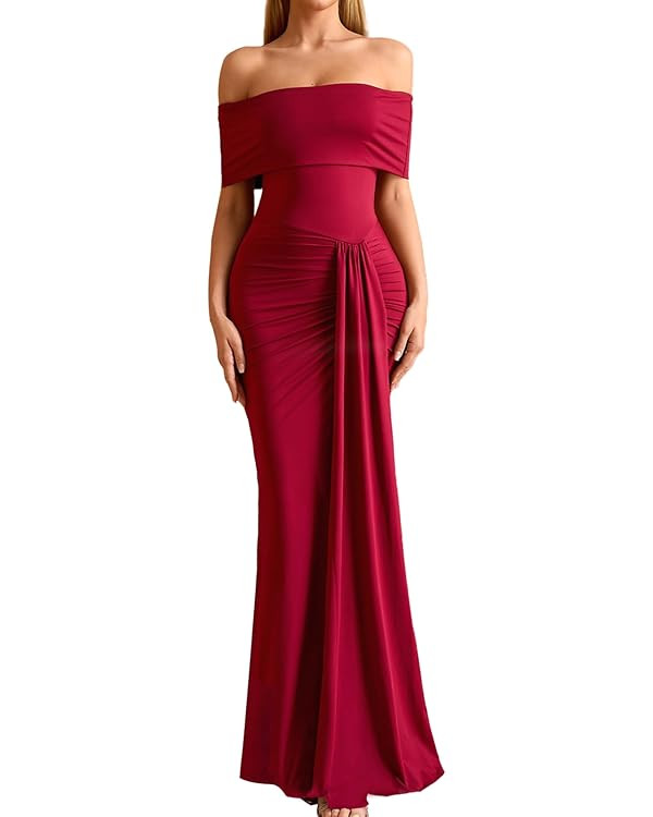 GLNEGE Off The Shoulder Formal Wedding Guest Maxi Dress for Women Fall Elegant Ruched Bodycon Coc... | Amazon (US)