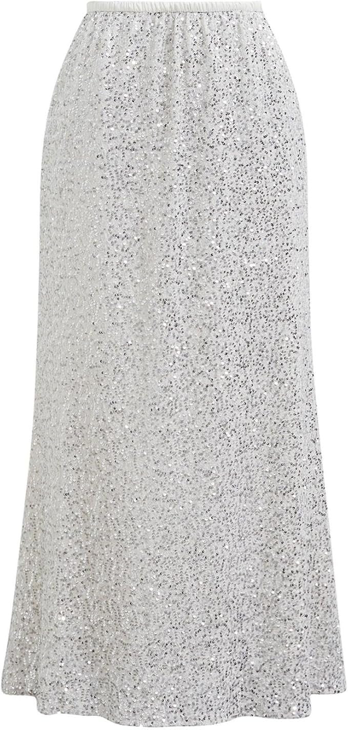 CHICWISH Women Sequin Mermaid Maxi Skirt Elegant Elastic High Waist A Line Flare Cocktail Party G... | Amazon (US)