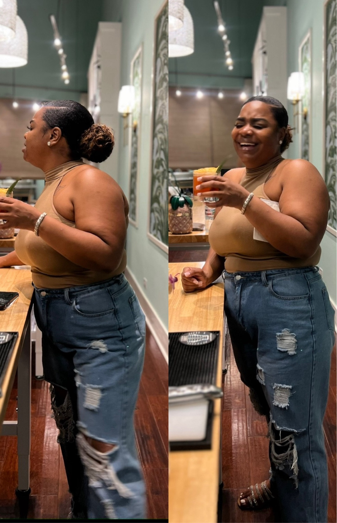 "Mixing drinks, rocking my favorite jeans, with my natural hair in a bun—happiness all around! #RumMixingClass🍹👖🍃🌺✨"

#LTKU #LTKstyletip #LTKbeauty