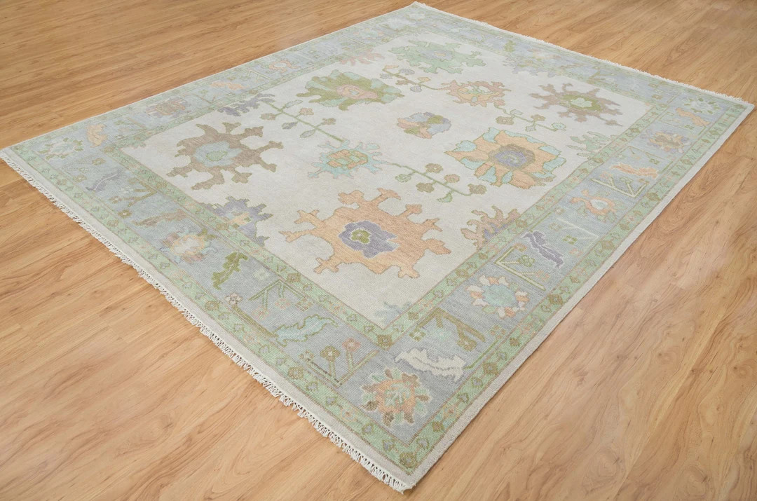 Beige Hand Knotted Wool Rug | Faded Grey Accent color-Green Peach Geometrical Turkish Oushak Rug ... | Etsy (US)