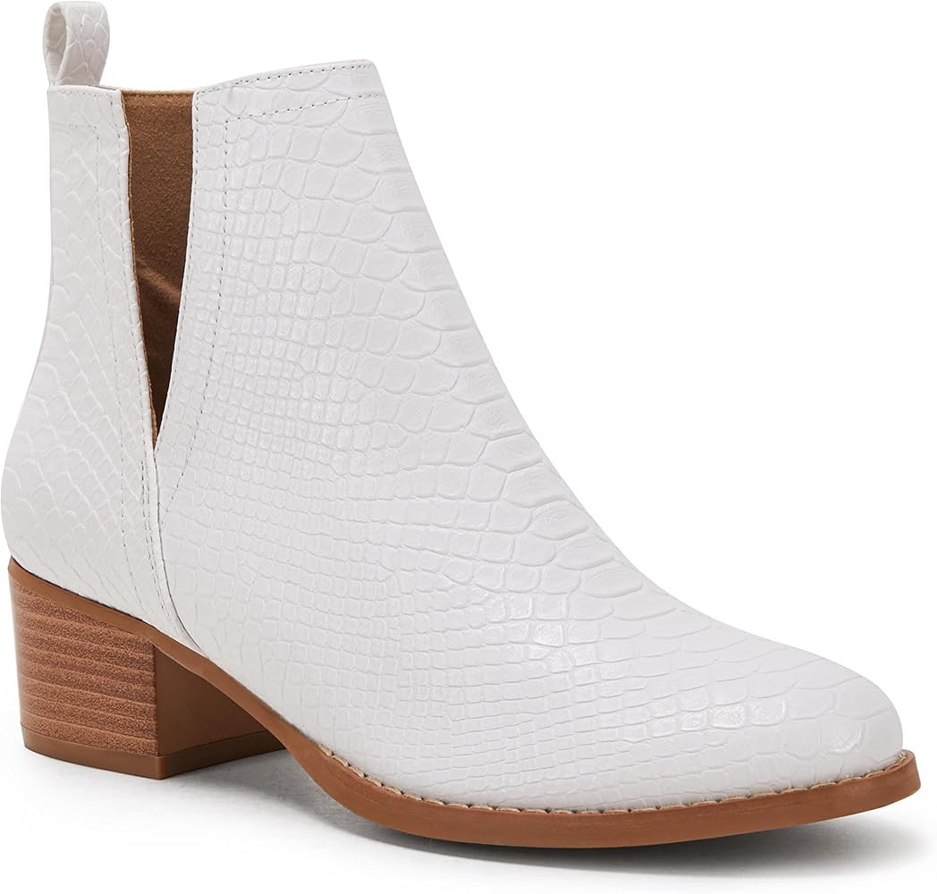 Women’s V Cut Ankle Booties Low Stacked Heel Closed Toe Perforated Slip-on Faux Leather Western... | Amazon (US)