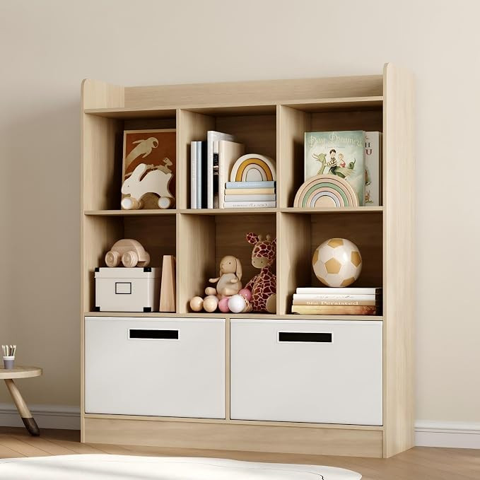 Kid Bookshelf with 2 Fabric Drawers, Toy Storage Organizer, Natural | 8 Cubes Freestanding Book S... | Amazon (US)