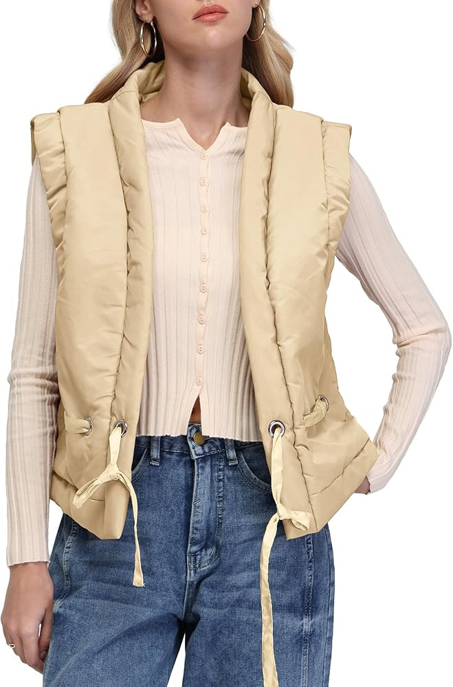 Locachy Womens Ribbon Tie Puffer Vest Warm Sleeveless Open Front Cropped Padded Outwear Vest | Amazon (US)