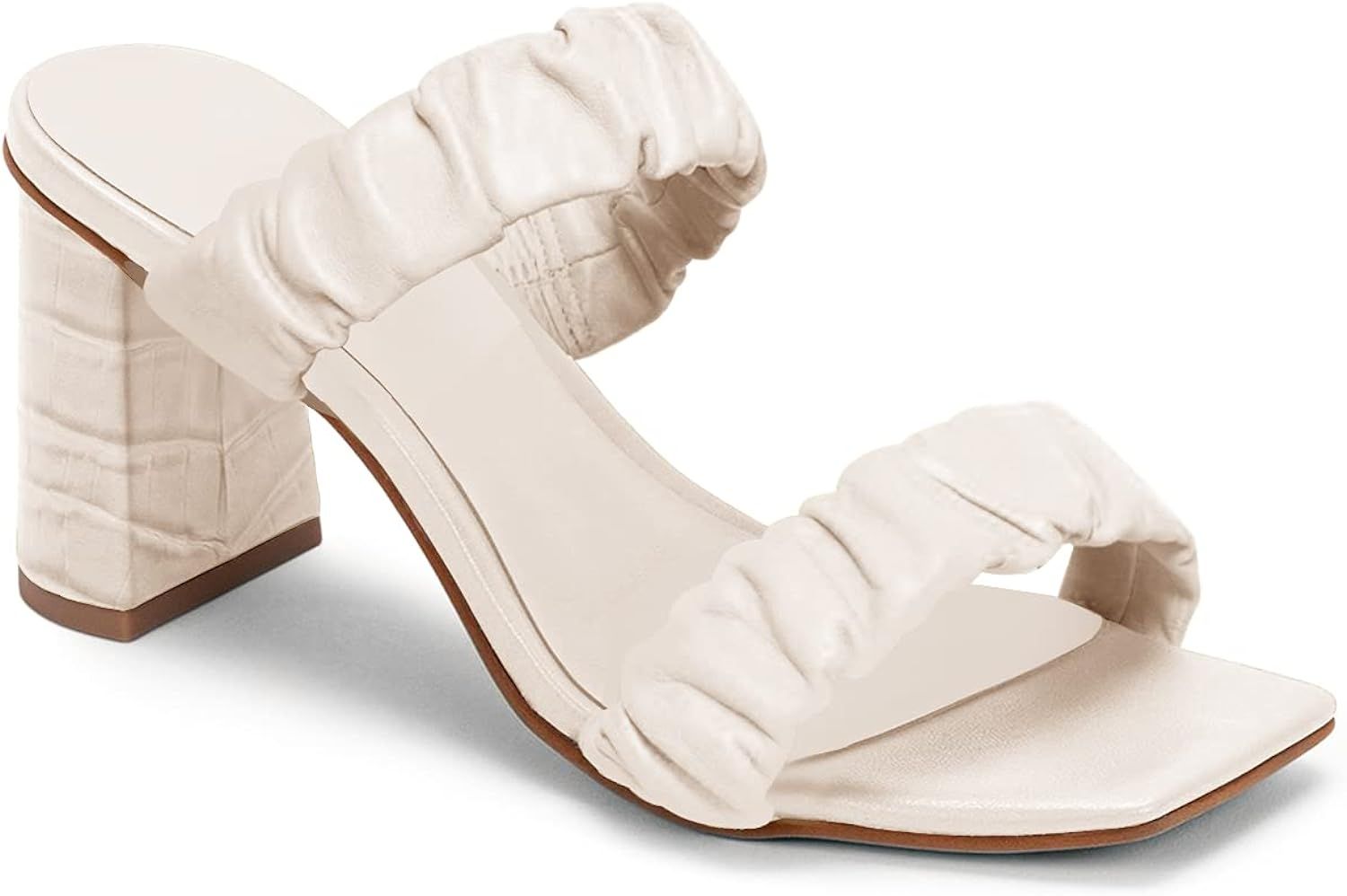 Womens ruffled Heeled Sandals Square Open Toe Strappy Slip On Summer Slide Shoes | Amazon (US)