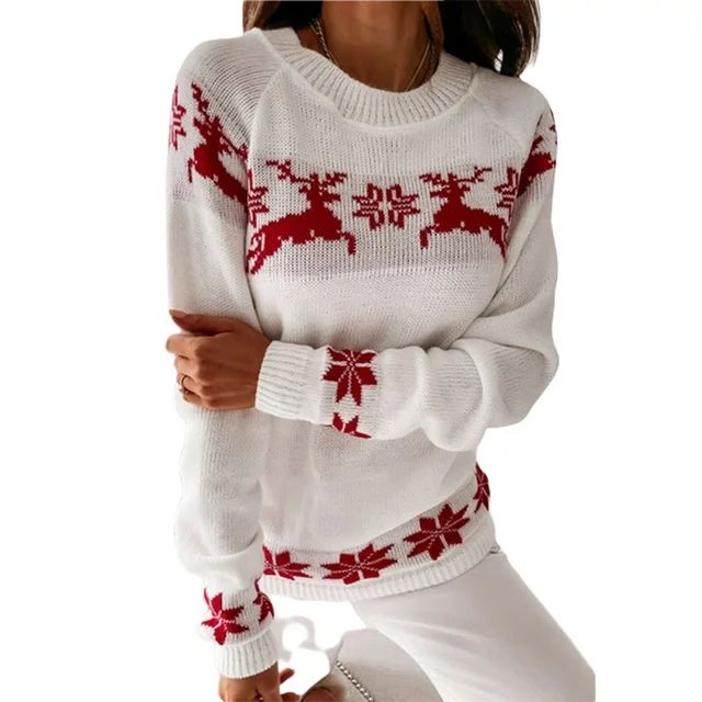 Musuos Women Christmas Sweaters  Long Sleeve Elk Snowflake Print Knit Tops | Walmart (US)