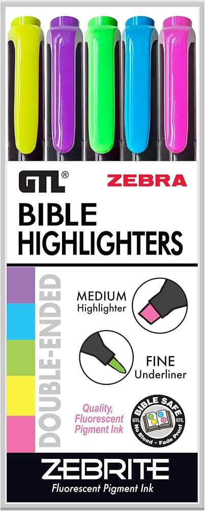 G.T. Luscombe Company, Inc. Zebrite Double Ended Bible Highlighters | No Bleed Pigmented Ink, No ... | Amazon (US)
