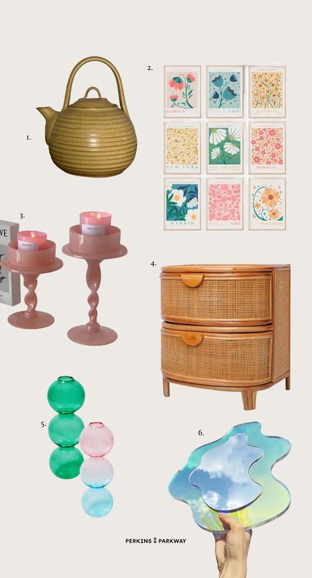 Etsy home decor finds! Colorful candle holders, vases, homemade teapot, wavy mirror, floral art. 
#etsyhome #homedecor #uniquehomefinds #colorfulhome #homedecorfinds 

#LTKSale #LTKU #LTKFind