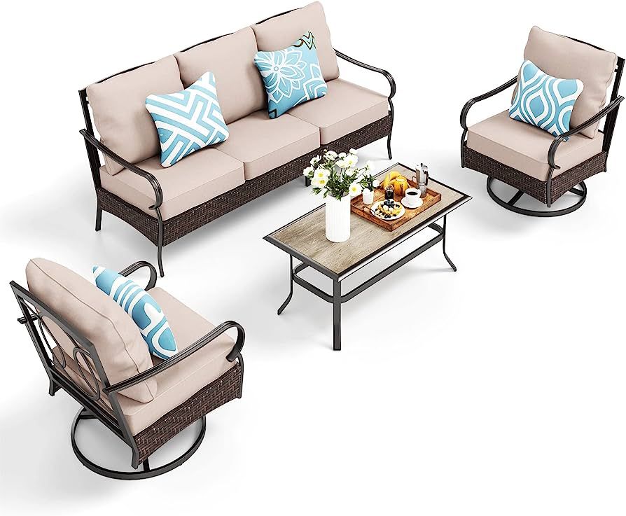 MFSTUDIO Patio Furniture Set of 4, Outdoor Rattan Wicker Conversation Set with 3-Seat Sofa, 2 Swi... | Amazon (US)