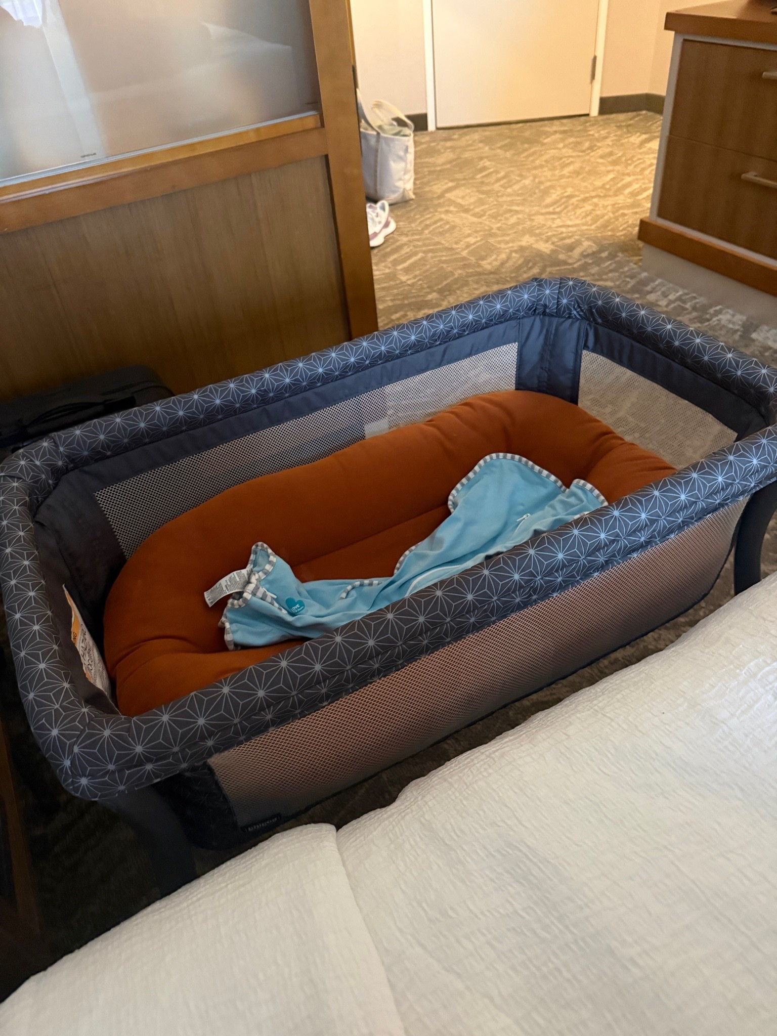Travel bassinet is the perfect set up for a car trip!!