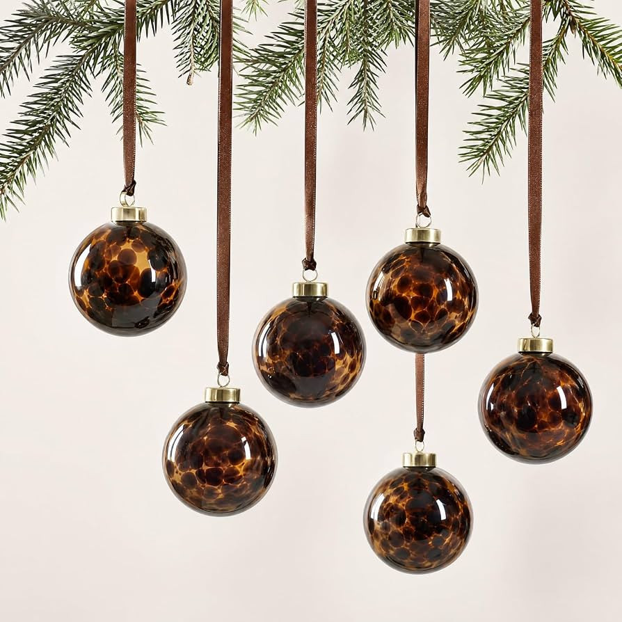 Seenelling 6 Pcs Tortoise Shell Glass Christmas Ornament with Velvet Ribbon | Amazon (US)