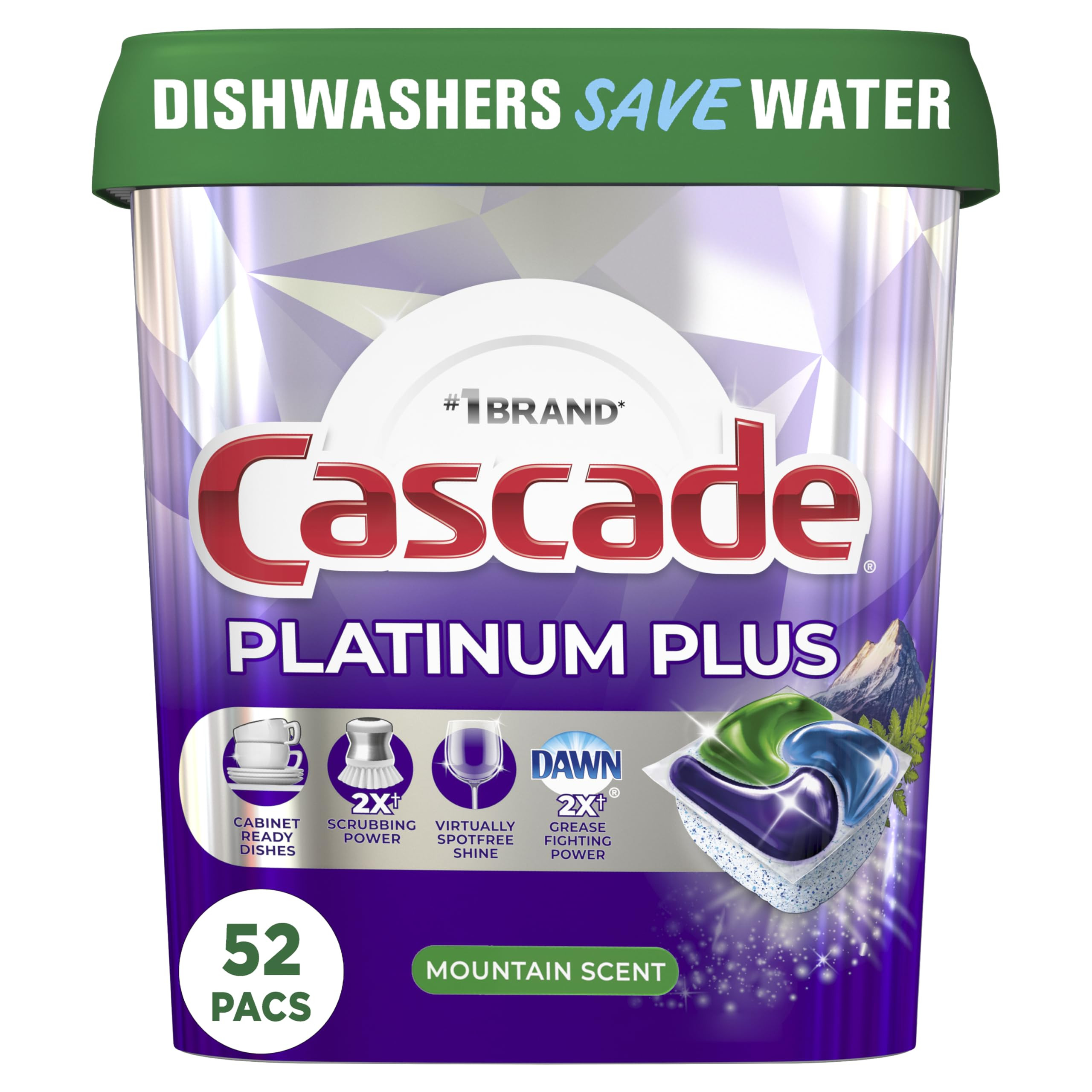 Cascade Platinum Plus ActionPacs Dishwasher Detergent Pods, Dishwasher Soap, Mountain, 52 Count | Amazon (US)