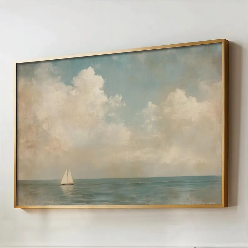 Coastal Sailboat Art Framed Canvas, Vintage Seascape Painting, Neutral Tones | Etsy (Global)