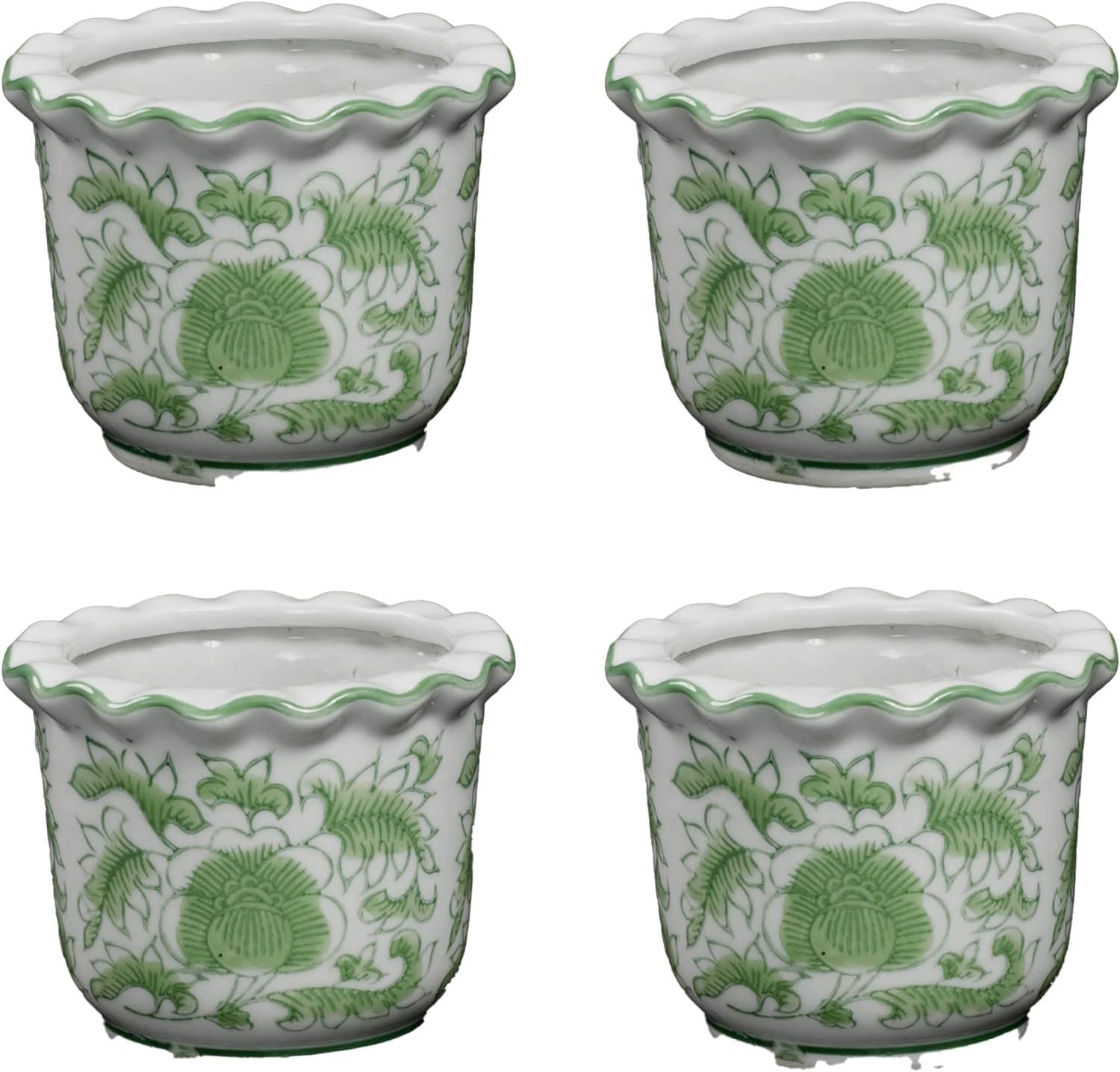 Ceramic Planter Green Print on Off White Background Scalloped Rim Container Round Set/4 Fresh or ... | Amazon (US)