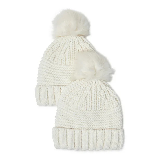 Time and Tru Women's Mixed Knit Pom Beanie, 2-Pack - Walmart.com | Walmart (US)