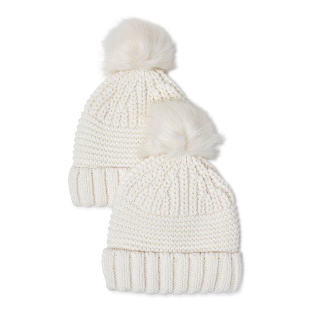 Time and Tru Women's Mixed Knit Pom Beanie, 2-Pack | Walmart (US)